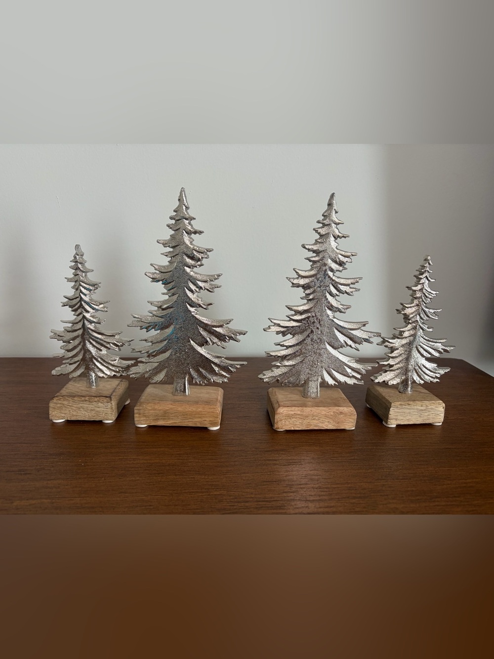 Set of 4 Silver Metal Trees with Wood Bases